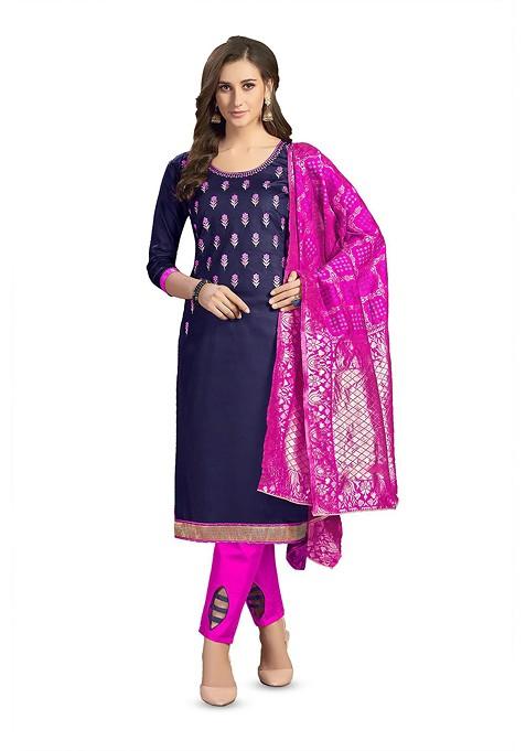 Blue Embroidered Poly Blend Kurta Set