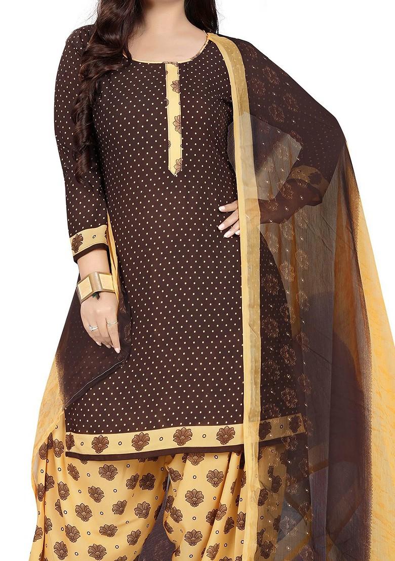 Brown Printed Silk Crepe Kurta Set - Indya