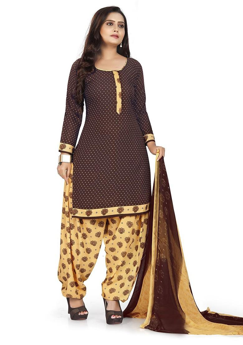 Brown Printed Silk Crepe Kurta Set - Indya