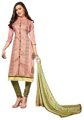 Peach Embroidered Poly Blend Kurta Set