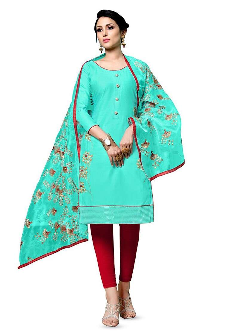 Sea Green Embroidered Pure Cotton Kurta Set - Indya