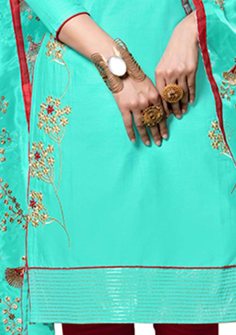 Sea Green Embroidered Pure Cotton Kurta Set - Indya