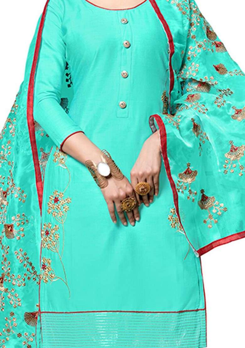 Sea Green Embroidered Pure Cotton Kurta Set - Indya