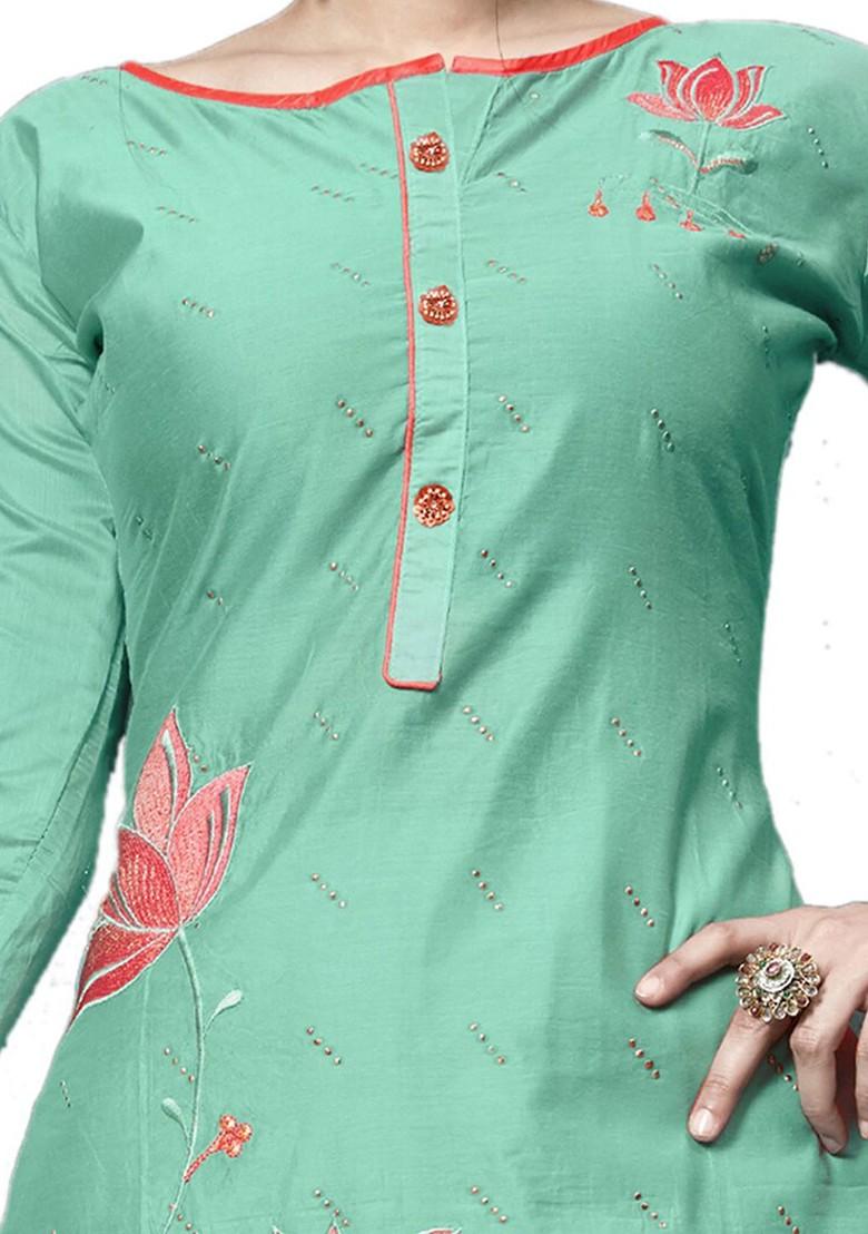 Olive Embroidered Pure Cotton Kurta Set - Indya