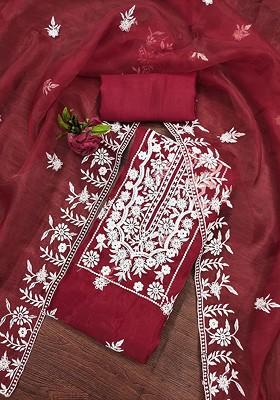 Red Embellished Organza Kurta Set