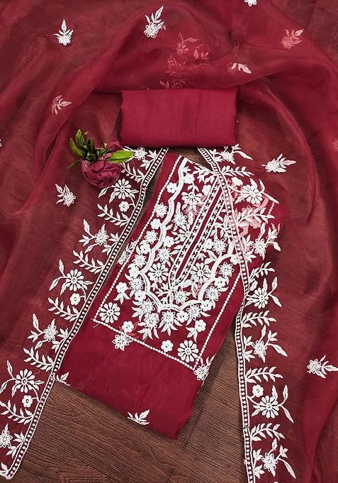 Red Embellished Organza Kurta Set