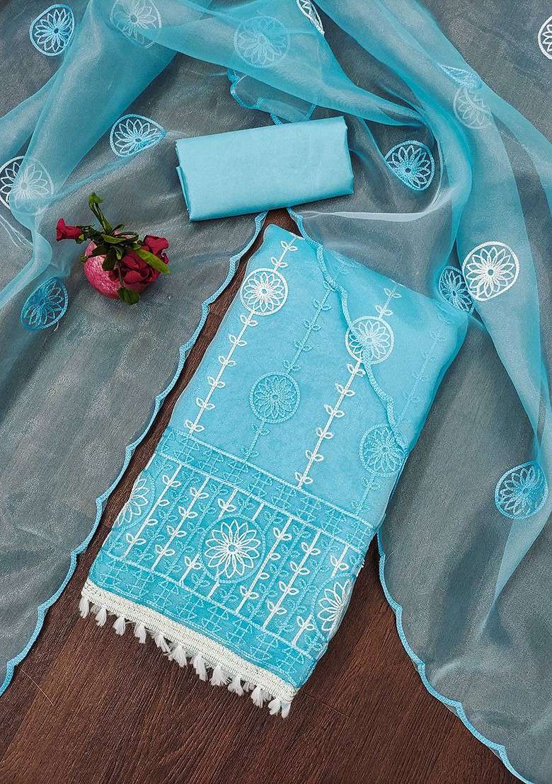 Turquoise Blue Embellished Organza Kurta Set - Indya