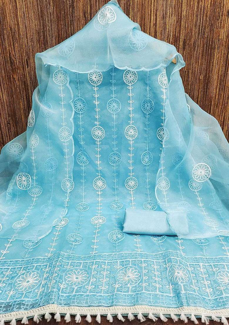 Turquoise Blue Embellished Organza Kurta Set - Indya