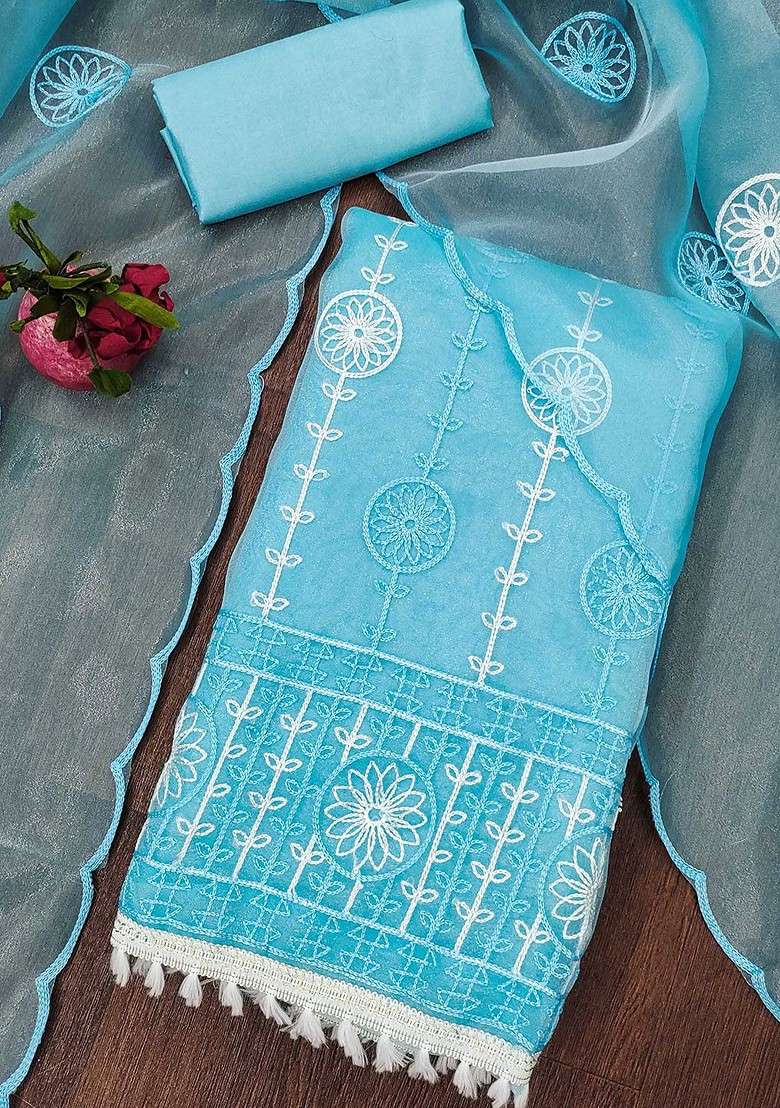 Turquoise Blue Embellished Organza Kurta Set - Indya