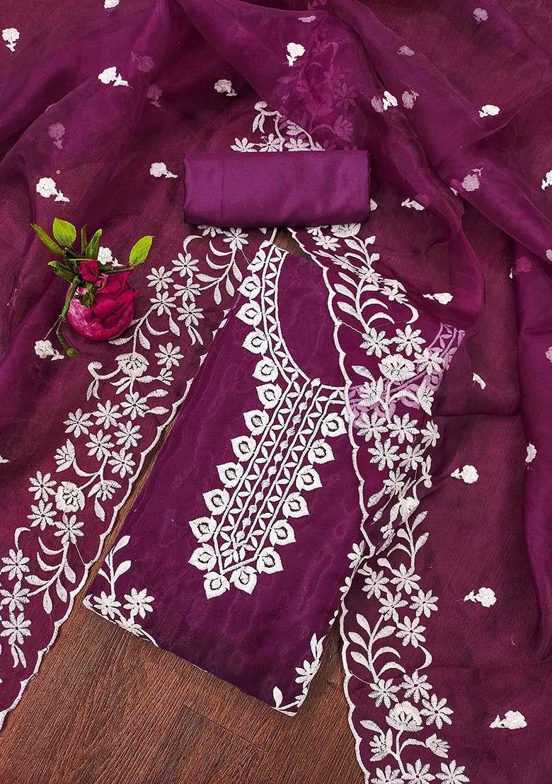 Magenta Embroidered Organza Pakistani Suit Set - Indya