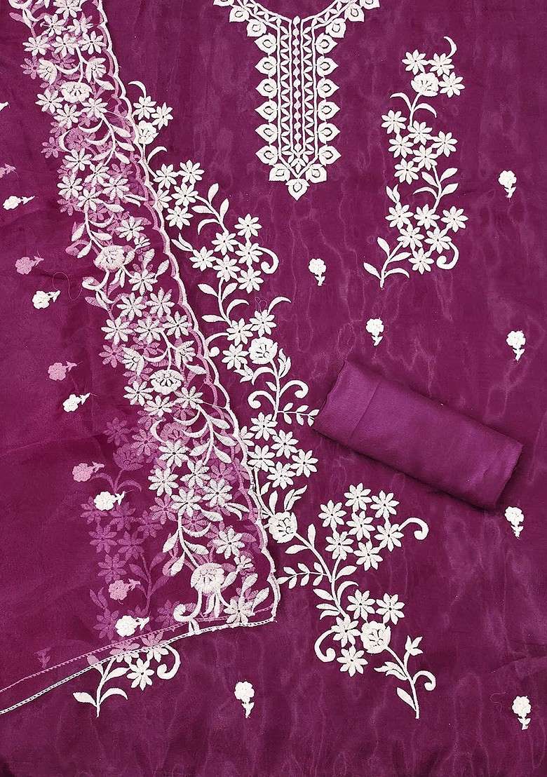 Magenta Embroidered Organza Pakistani Suit Set - Indya