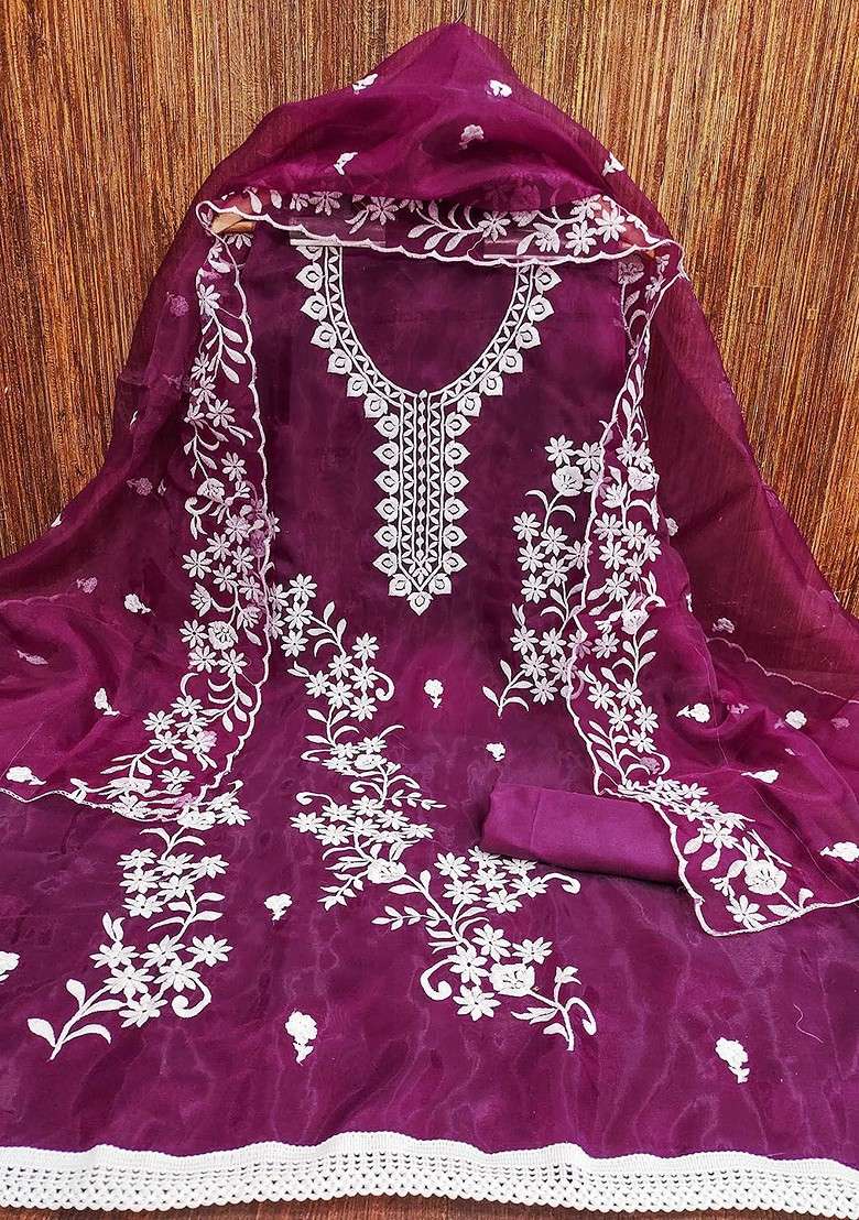 Magenta Embroidered Organza Pakistani Suit Set - Indya