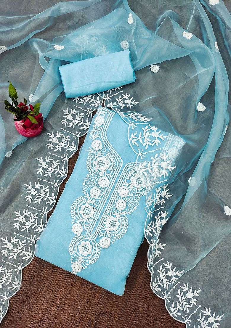Turquoise Blue Embroidered Organza Kurta Set - Indya