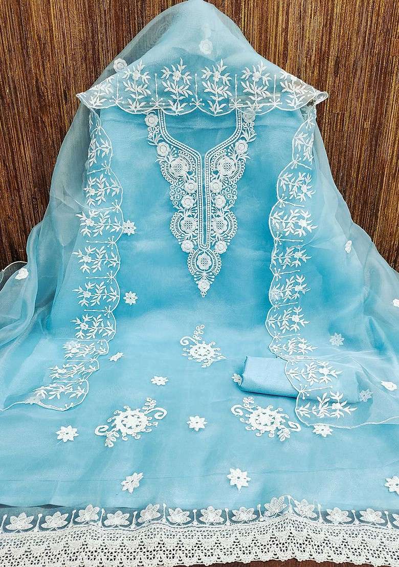 Turquoise Blue Embroidered Organza Kurta Set - Indya