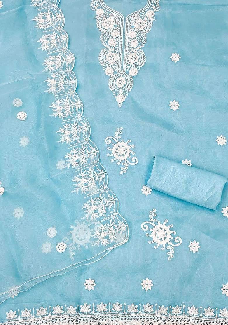 Turquoise Blue Embroidered Organza Kurta Set - Indya