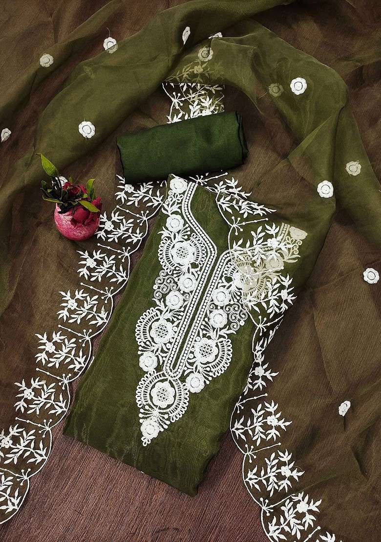 Green Chikankari Organza Straight Kurta Set - Indya