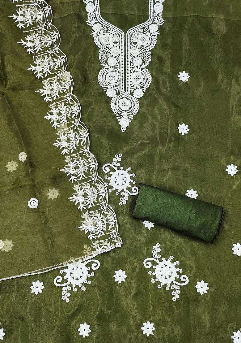 Green Chikankari Organza Straight Kurta Set - Indya