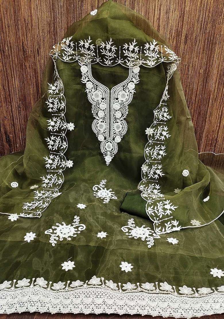 Green Chikankari Organza Straight Kurta Set - Indya