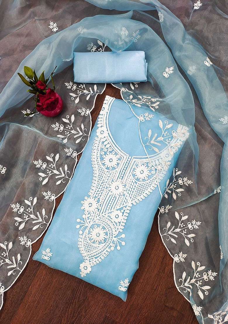 Turquoise Blue Chikankari Organza Straight Kurta Set - Indya