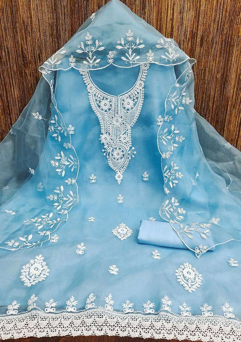 Turquoise Blue Chikankari Organza Straight Kurta Set - Indya