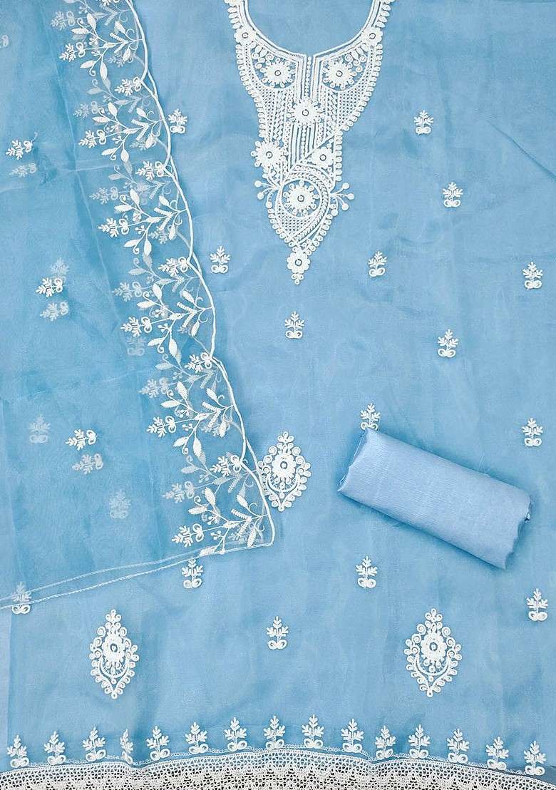 Turquoise Blue Chikankari Organza Straight Kurta Set - Indya