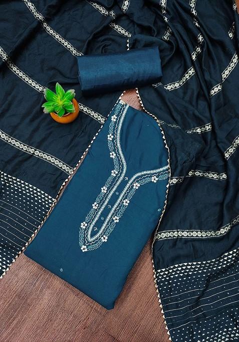 Blue Embroidered Poly Blend Kurta Set