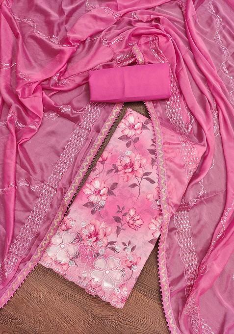 Pink Floral Print Poly Blend Kurta Set