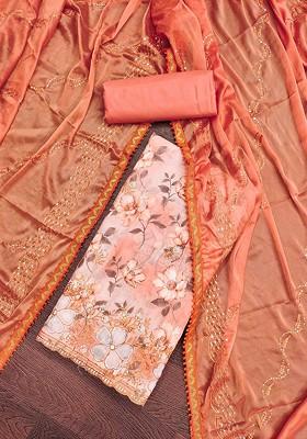 Peach Embroidered Poly Blend Kurta Set
