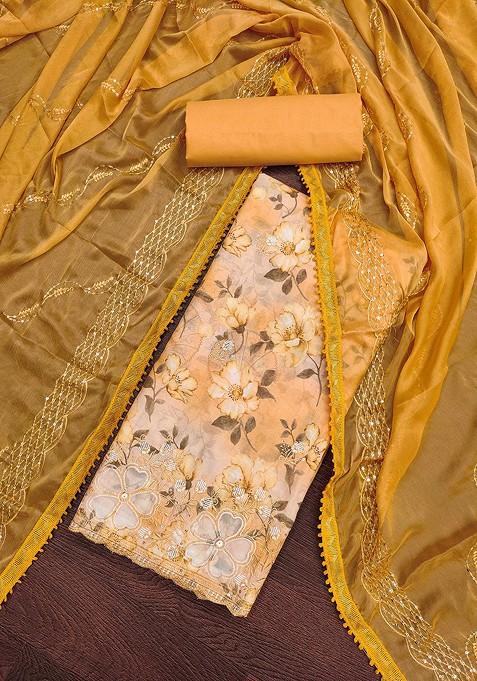 Yellow Floral Print Poly Blend Kurta Set