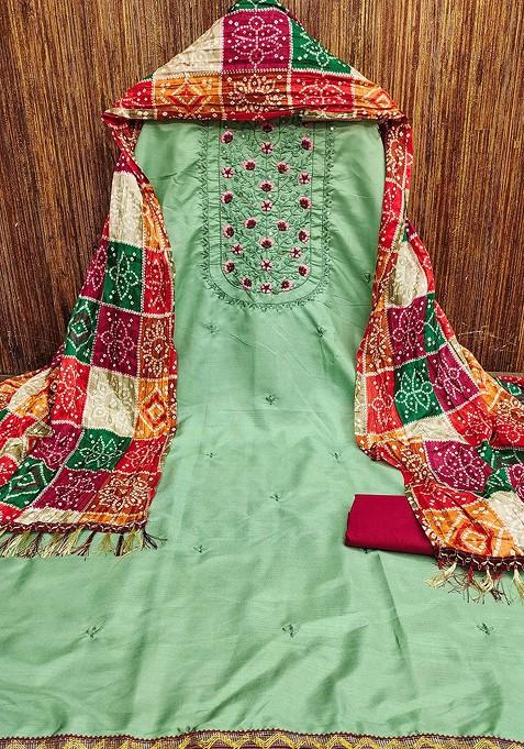 Lime Green Embroidered Poly Blend Kurta Set