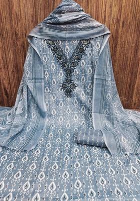 Grey Floral Print Poly Blend Kurta Set