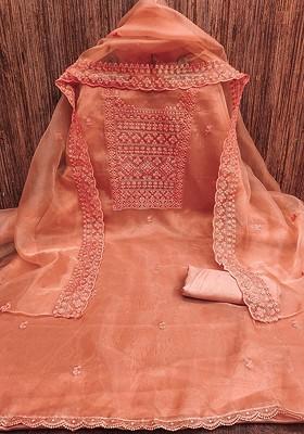 Peach Embroidered Poly Blend Kurta Set
