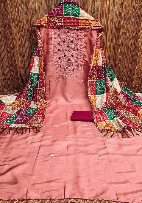 Peach Embroidered Poly Blend Kurta Set