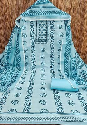 Blue Floral Print Poly Blend Kurta Set