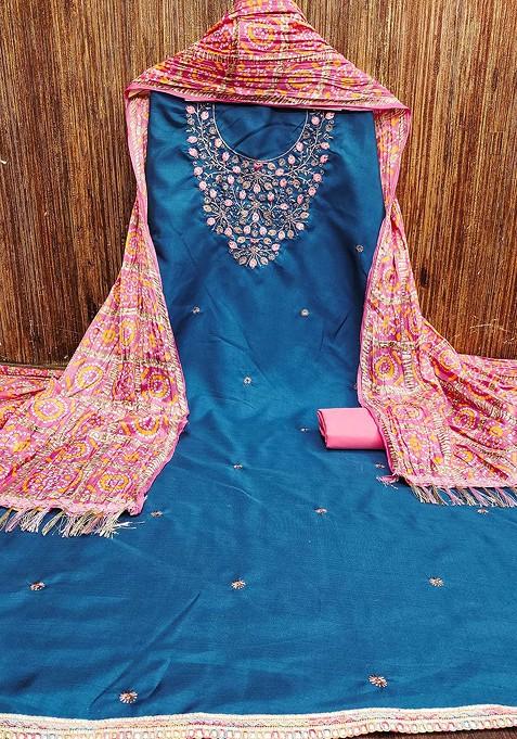 Teal Embroidered Poly Blend Kurta Set