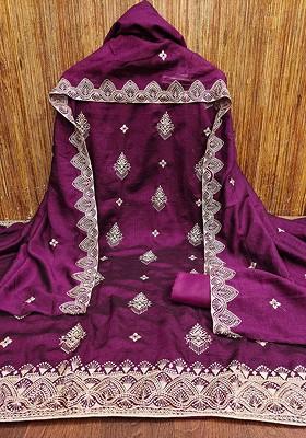 Purple Embroidered Poly Blend Kurta Set