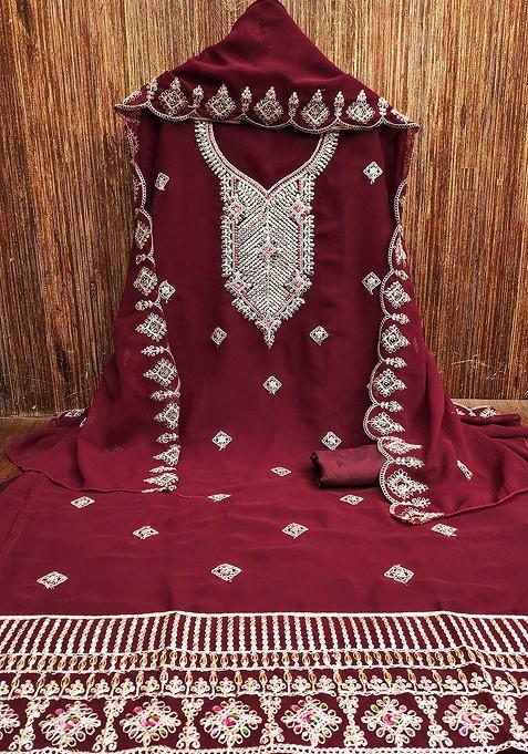 Maroon Embroidered Silk Georgette Kurta Set