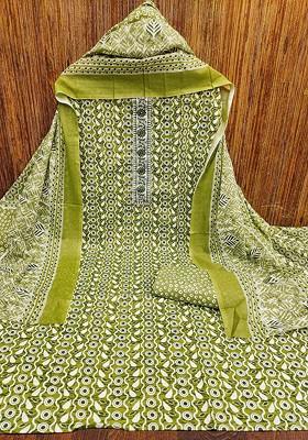 Lime Green Floral Print Poly Blend Kurta Set