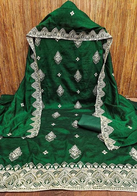 Green Embroidered Blended Straight Kurta Set