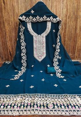 Teal Embroidered Poly Blend Kurta Set
