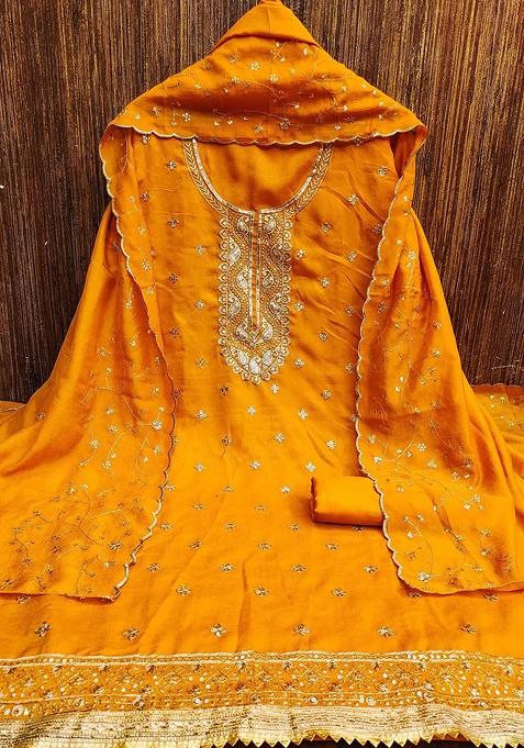 Yellow Embroidered Poly Blend Kurta Set