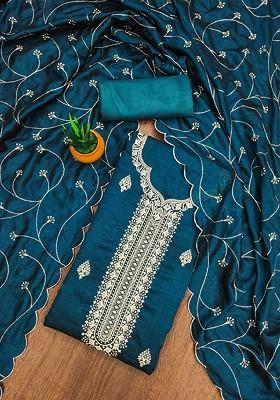 Teal Embroidered Poly Blend Kurta Set