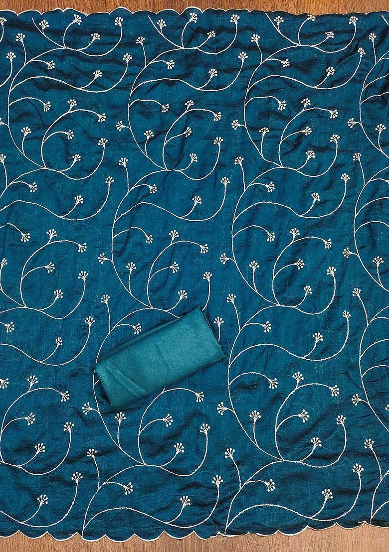 Teal Embroidered Blended Straight Kurta Set - Indya