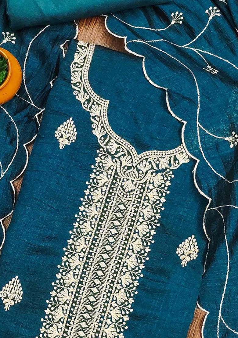 Teal Embroidered Blended Straight Kurta Set - Indya