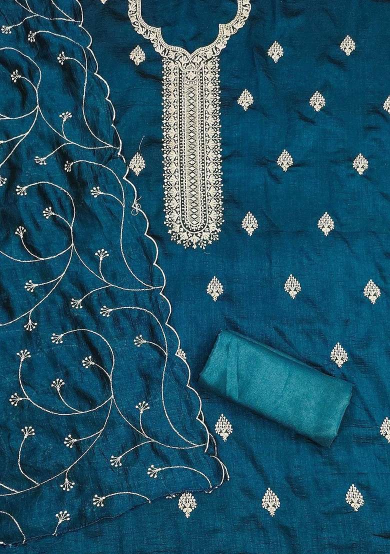 Teal Embroidered Blended Straight Kurta Set - Indya