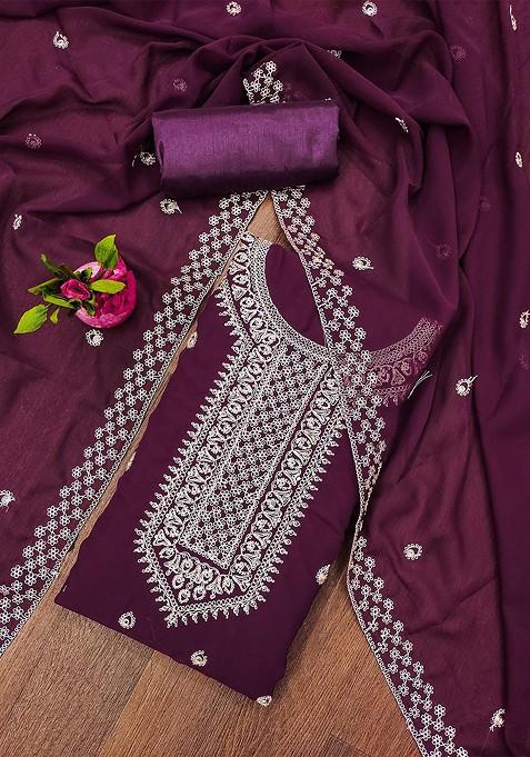 Purple Embroidered Silk Straight Kurta Set