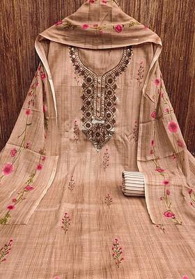 Beige Floral Print Poly Blend Kurta Set