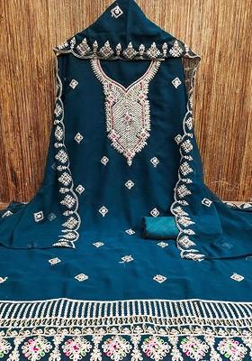 Teal Embroidered Poly Blend Kurta Set