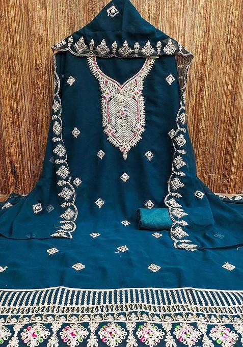 Teal Embroidered Poly Blend Kurta Set