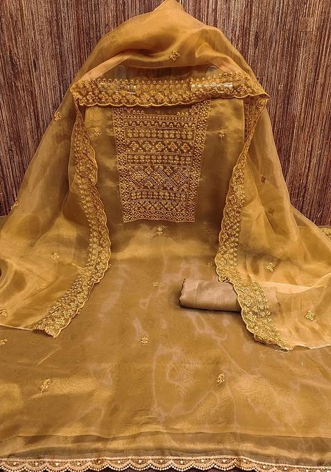 Mustard Embellished Organza Kurta Set